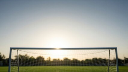 Fototapeta premium Empty soccer goal post on green field at sunset