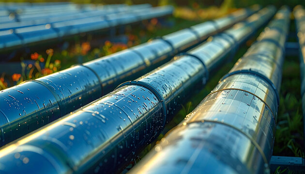 Industrial Pipes: Shiny steel pipes stretch across a grassy field, reflecting the sunlight and hinting at the flow of industry and infrastructure.