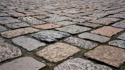 Fototapeta premium Close-up perspective of uneven, weathered cobblestone pavement with visible texture and grout lines