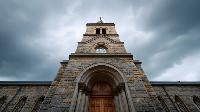 Imposing stone facade and central arched entrance of a religious building set against a dramatic overcast sky