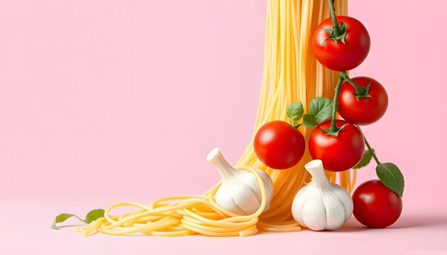 Pasta ingridients in free fall. Spaghetti, tomato and garlic against pastel pink background. Minimal food concept, watercolor. White tone