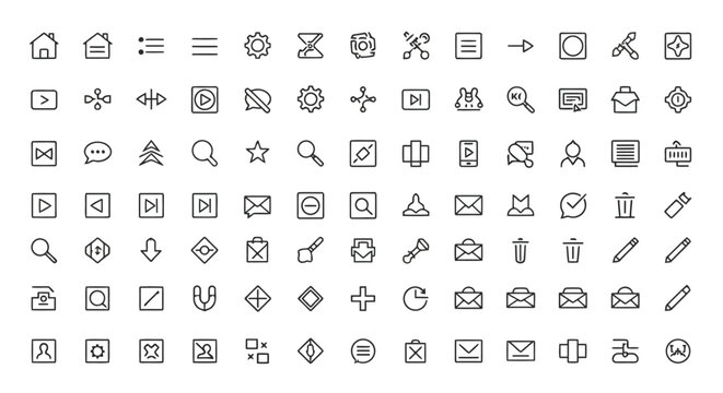 Large collection of thin line interface icons for website design and user experience development isolated on white background