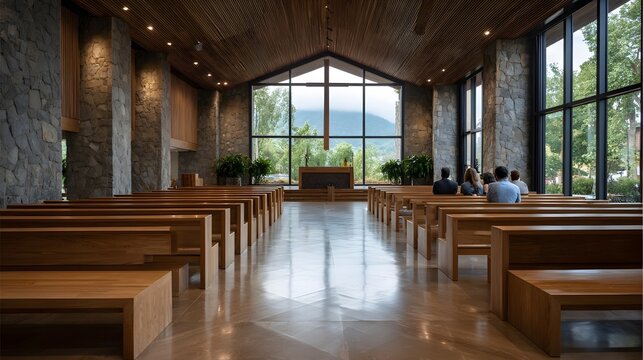 A modern chapel interior featuring long wooden pews and vast that overlook a lush peaceful natural landscape