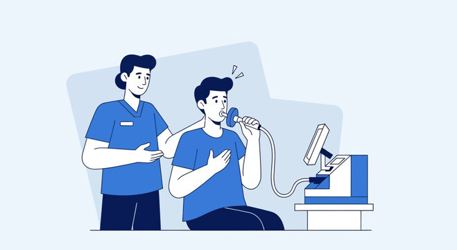 Doctor performing pulmonary function test on a patient with spirometer