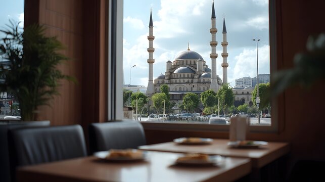 An atmospheric view of grand religious architecture seen through a coffee house window on a bright day