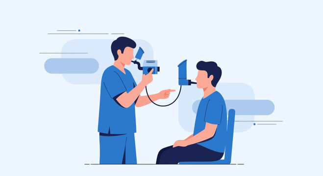Doctor performs lung function test on patient using spirometer for respiratory health check