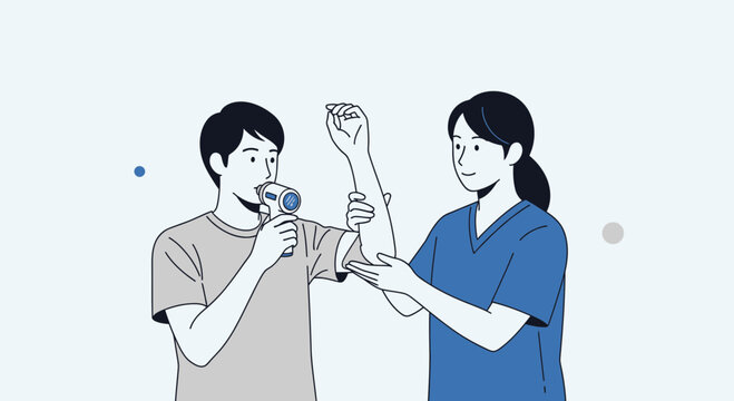 Doctor performs spirometry test on patient to check lung function, respiratory health check