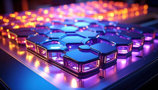 Gleaming hexagonal nanostructures forming a complex matrix emitting faint ultraviolet light, representing the next generation of advanced molecular engineering and technology.