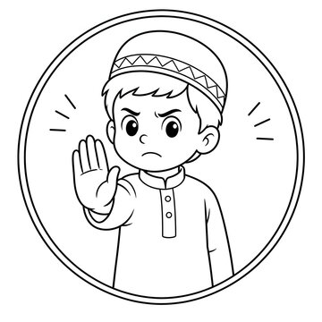 Cartoon Muslim boy with stop hand gesture, coloring page style.