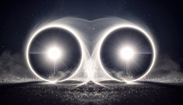 Entangled particles depicted as two perfectly synchronized luminous orbs radiating energy across a vast cosmic field representing advanced quantum physical concepts.