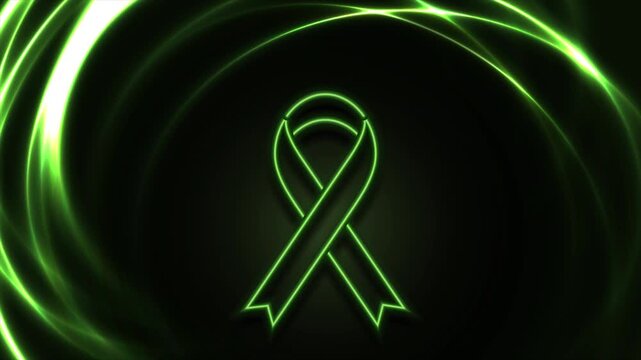 Futuristic neon green awareness ribbon and luminous light swirls on dark background. Healthcare motion design. Video animation Ultra HD 4K 3840x2160
