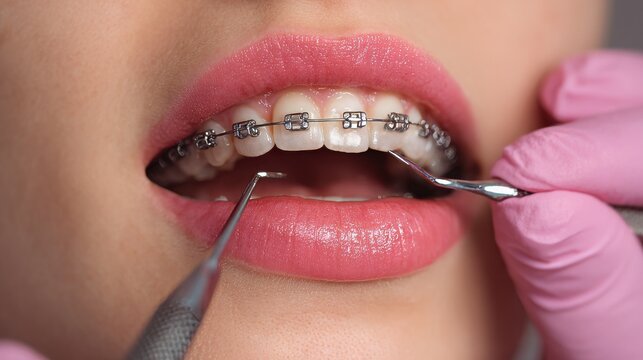 Cleaning teeth with dental braces, showing oral hygiene care with orthodontic brackets and a toothbrush, highlighting dental health and maintenance.