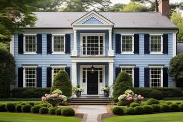 Naklejka premium Residential home featuring traditional architecture and elegant landscaping in front yard