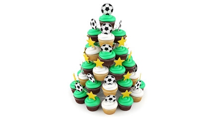 Fototapeta premium A creative Christmas tree made of cupcakes with soccer balls and stars on a white background