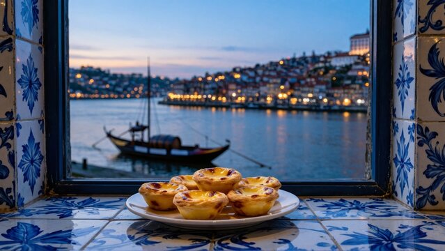 Portuguese egg tarts on a window ledge overlooking Porto harbor