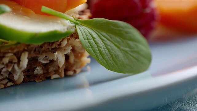 Close-up shot of a creative whole food snack with a playful animal face design. Cucumber, carrot, basil, and berries rest on multigrain bread under soft light. 