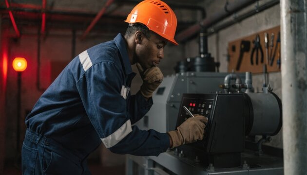 Power outage response team member inspecting backup generator controls in sharp detail with a softly blurred emergency light and tools in the background.