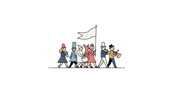 Group of people marching with instruments and white flag in minimalist line art style isolated on white background