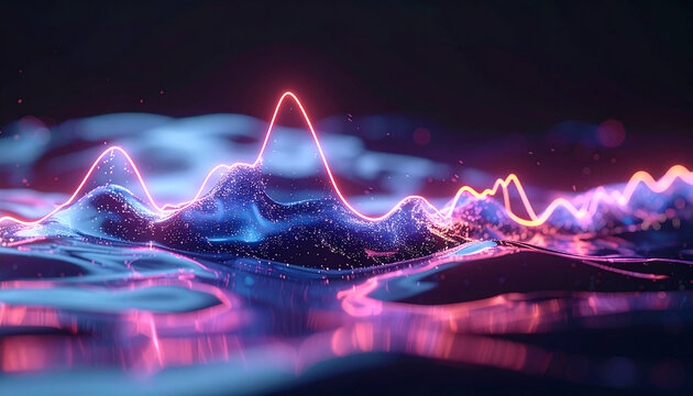 Sonic Symphony: A vivid display of an audio waveform pulsates and undulates, its neon lines dancing across a rippling surface, a visual metaphor for sound's energy.