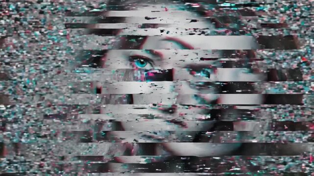 Womans portrait in grayscale with blue eyes glitching to colorful distortion. Digital animation sequence of facial interference and video artifact effects in cyan and magenta.