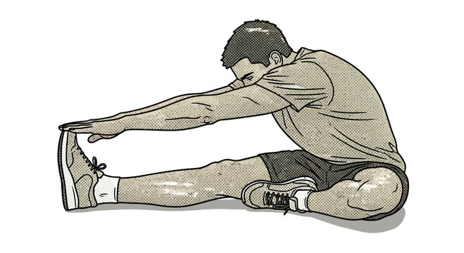 Man stretching legs, seated hamstring stretch, fitness illustration