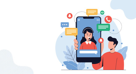 Fototapeta premium Customer service support concept features a man holding a smartphone showing a female agent with headset icons.