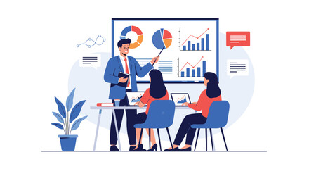 Fototapeta premium Professional business presentation features a manager pointing at a board with charts and graphs to a team of colleagues.