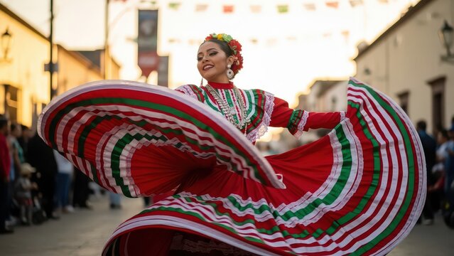 Traditional Mexican Folklorico Dancer Spinning in Vibrant Dress at Festival