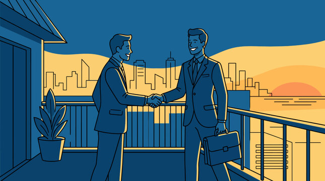Two businessmen shaking hands on a rooftop with a city skyline at sunset, illustrating a successful business partnership and agreement
