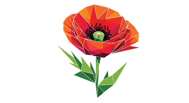 Geometric low poly poppy flower illustration in vibrant red and orange tones isolated on white background