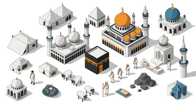 Isometric view of hajj pilgrimage elements featuring the kaaba grand mosque complex and pilgrims in traditional white ihram.
