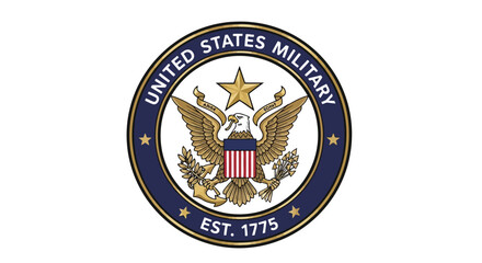 Obraz premium Official United States military logo with bald eagle and star in circular emblem design isolated on white background