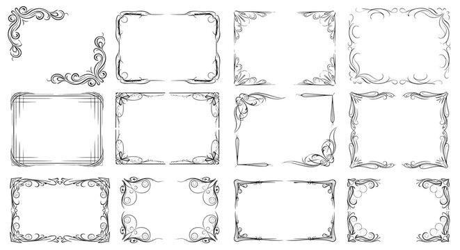 Collection of elegant vintage border frames with intricate floral swirls and black and white decorative corner designs.