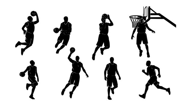Minimalist vector silhouettes of elite basketball players in dynamic and energetic action poses
