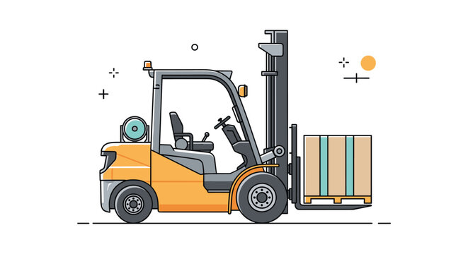 Industrial forklift vehicle carrying a stack of cardboard boxes on a pallet used for warehouse logistics and cargo transportation.
