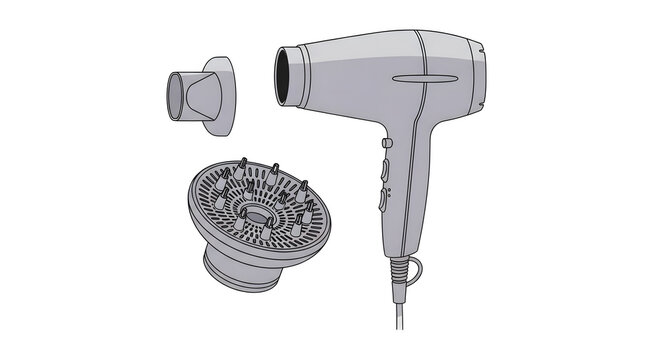 Modern hair dryer with professional attachments including diffuser and concentrator nozzle. Blow dryer for hair styling and beauty care isolated on white.