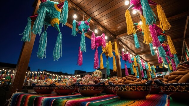 Mexican festive decorations with pinatas sugar skulls and serape at night