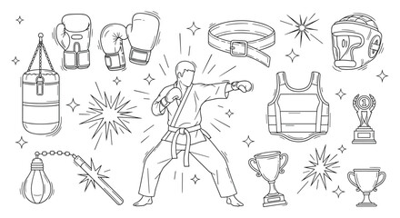Fototapeta premium Martial arts and boxing equipment collection with fighter character and trophies in thin line art style for sports training.