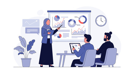 Fototapeta premium Professional woman in a hijab giving a business presentation to colleagues using charts and graphs on a whiteboard in an office.