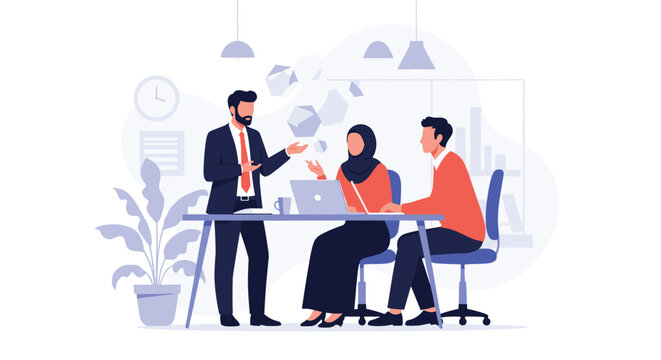 Diverse professional group collaborating on a project in a modern office environment with a woman in a hijab and two men.