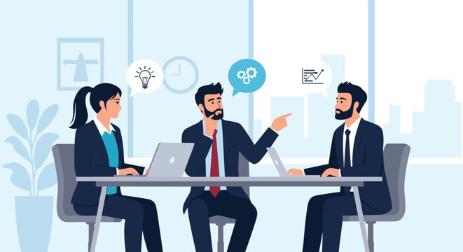 Diverse business team having a productive meeting around a table in a modern office with speech bubbles representing ideas.