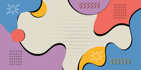 Naklejka premium Retro Memphis Abstract Background with Organic Shapes and Minimal Geometric Elements, Colorful 90s Style Decorative Pattern Vector Illustration