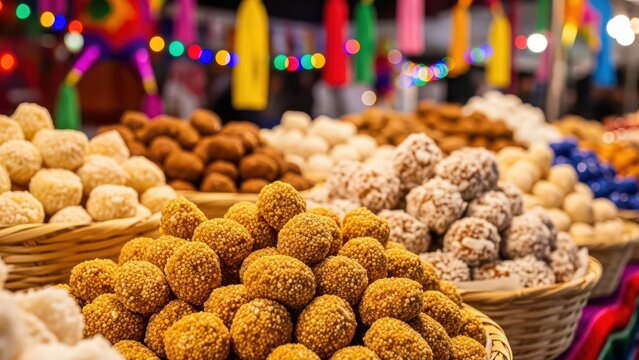 Traditional Mexican Candies and Sweets in Wicker Baskets at Street Market Stall