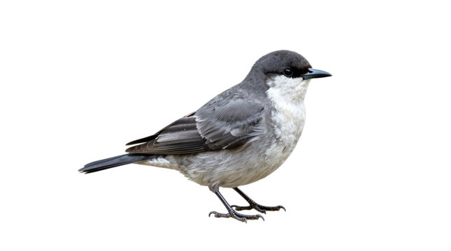 Grey and white bird is standing on a white background. The bird is small and has a black beak