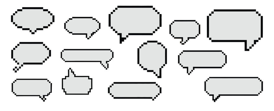 Pixel dialogue box vector set, different shapes of chat speech bubbles and message frames in 8 bit retro style