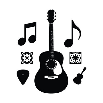 Guitar silhouette icon with musical notes and decorative elements