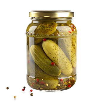 Large Glass Mason Jar of Whole Pickled Dill Gherkins with Spices Isolated on White Background