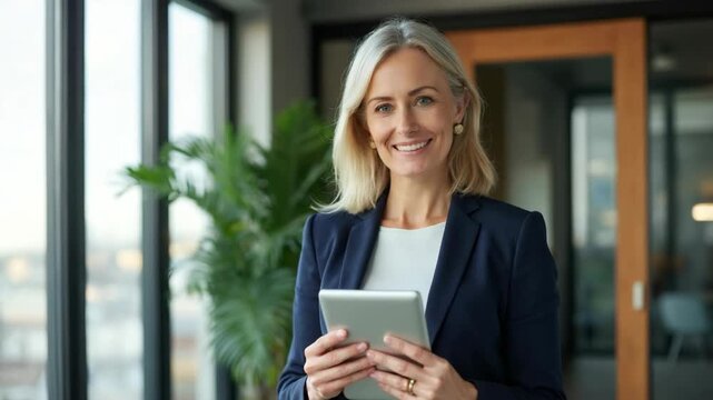 Professional businesswoman standing in a bright modern office, holding and using a digital tablet. Corporate executive managing tasks, communicating, and planning her day.
