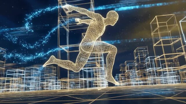 Wireframe figure sprinting across digital cityscape. Futuristic runner leaping through grid structures. Cyber animation sequence showing dynamic urban motion.