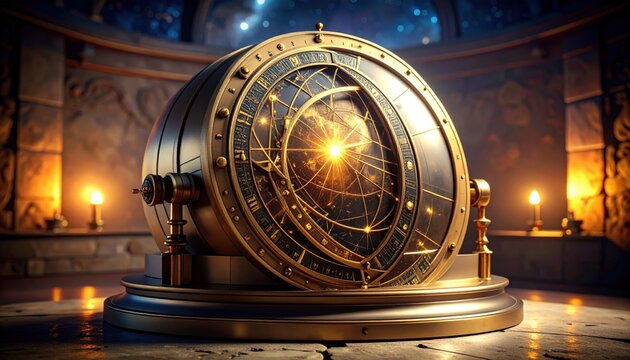An intricate golden astrolabe with radiant celestial markings sits in a dimly lit room, suggesting a deep connection to quantum physics and the ancient mysteries of the universe.